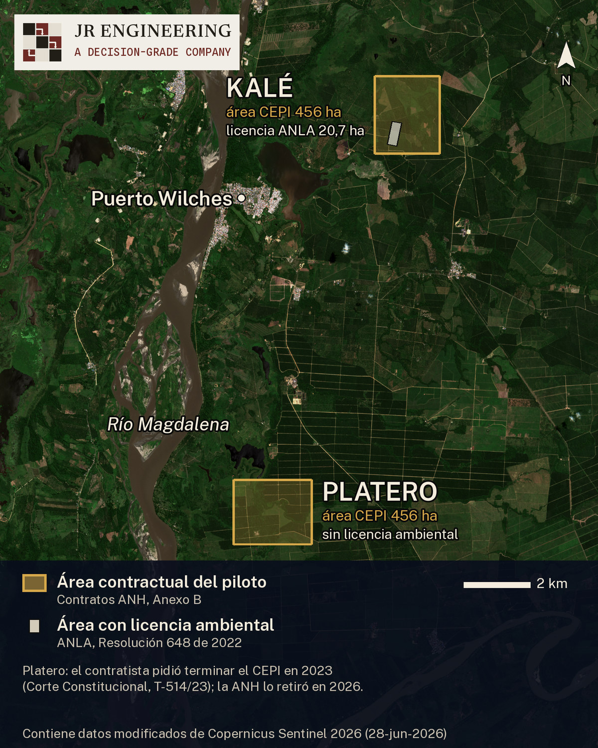 Imagen satelital del Magdalena Medio con las áreas contractuales de los pilotos Kalé y Platero, el área licenciada de Kalé y la nota de que Platero nunca tuvo licencia, junto a Puerto Wilches y el río Magdalena.